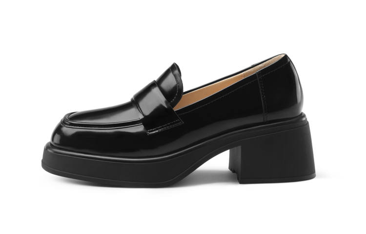 7or9 Cocoa Rice Cake Top Grain Cow Leather Loafers 6.5cm Women's Black
