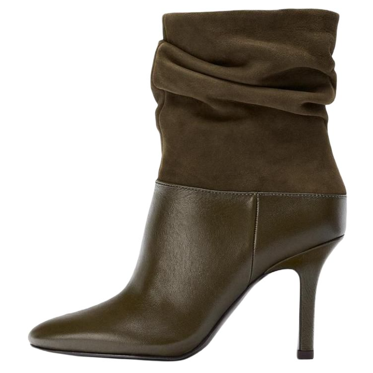 ZARA Sheepskin Ankle Boots 9cm Women's Dark Khaki Green