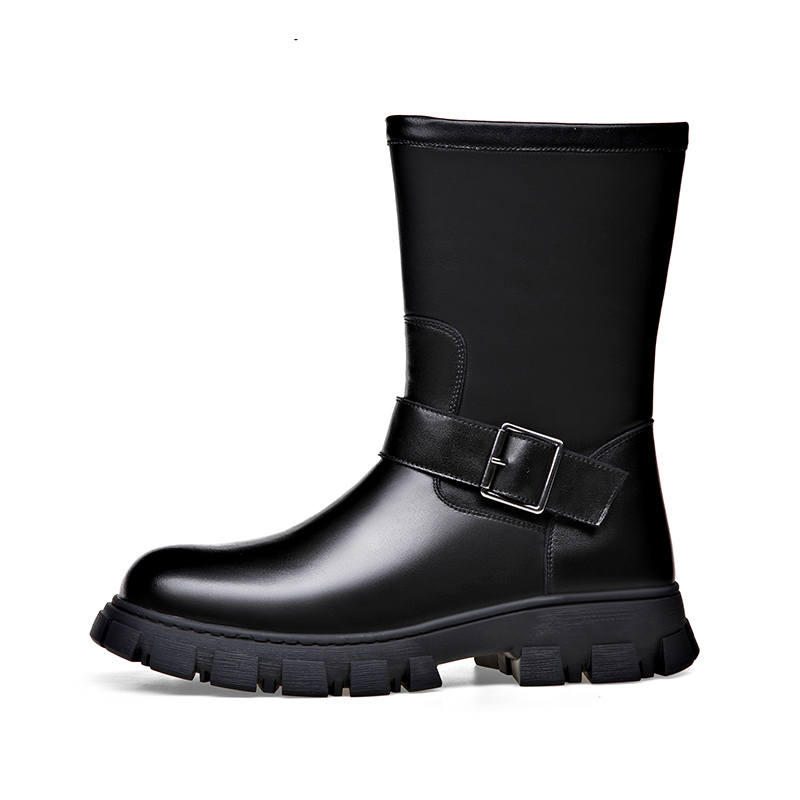 KAQIAODI Cow Split Leather Knee High Combat Boots Men's Black