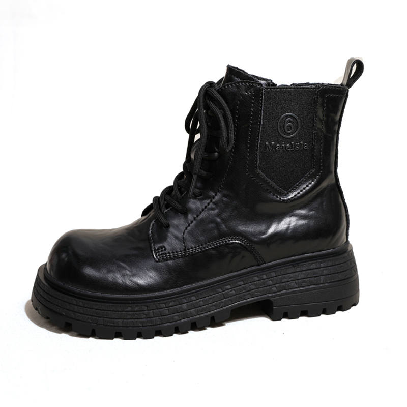 Ouumeis Cow Split Leather Short Combat Boots 5cm Women's