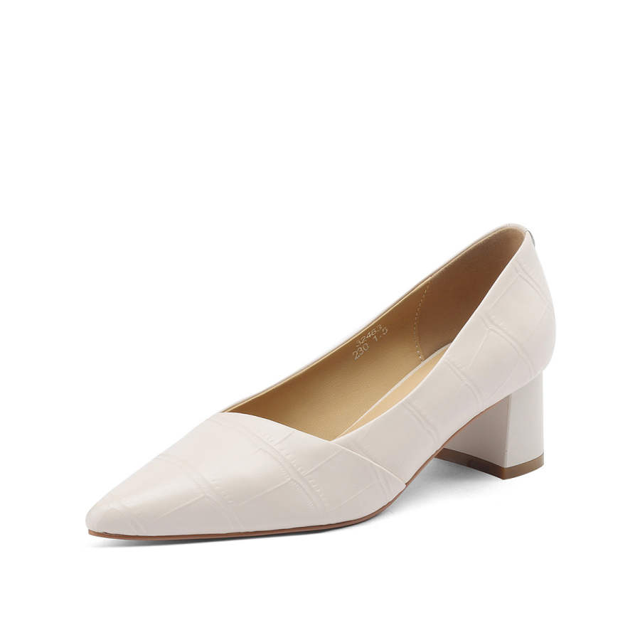 Mulinsen Commute Shoes Cow Leather Chunky Heel High Heels Approx. 4CM Women's Beige