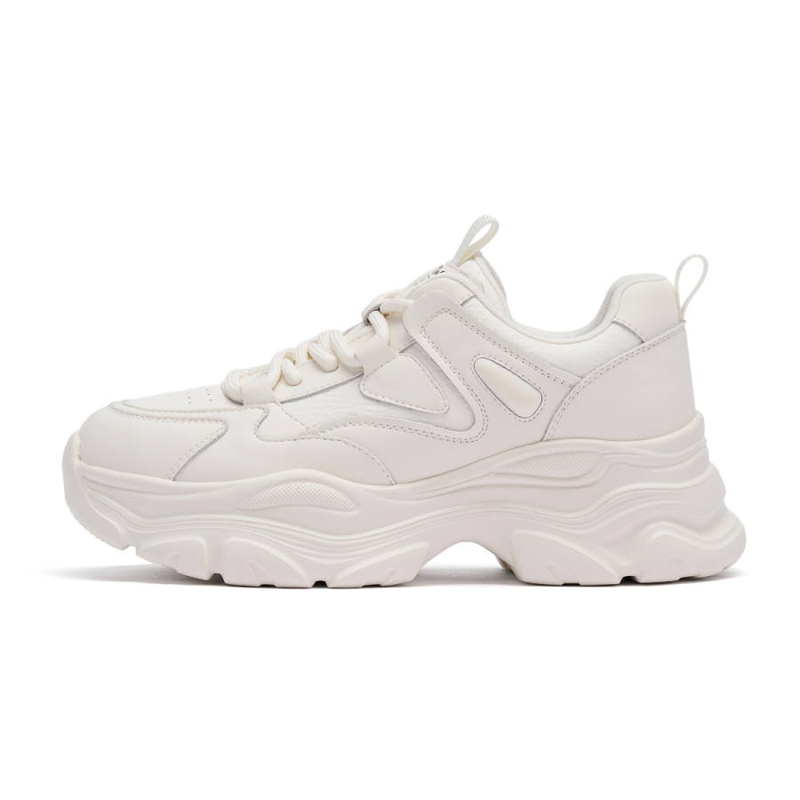 Hotwind White Sneakers Cow Split Leather Low top Chunky Sneakers Women's Beige Apricot