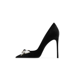 CHUYANG Suede Slim Heel High Heels Women's Black Reverse Bowknot