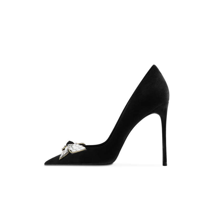 CHUYANG Suede Slim Heel High Heels Women's Black Reverse Bowknot