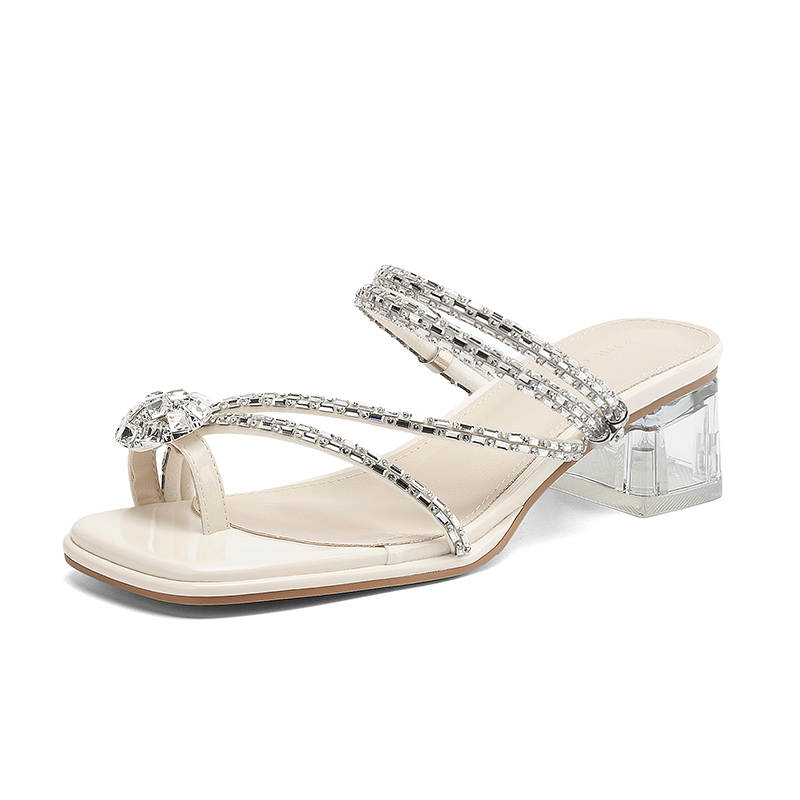 ZHR Rhinestone Slide Slippers Women's Beige
