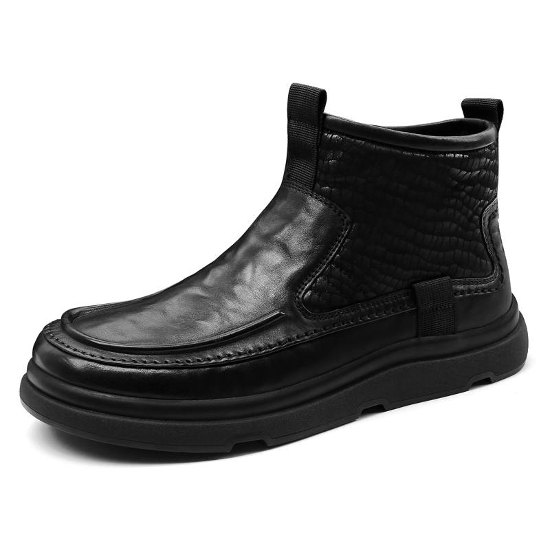 PALMPOLO Top Grain Cow Leather Shearling Ankle Boots, Fleece Lined Thermal Men's Black