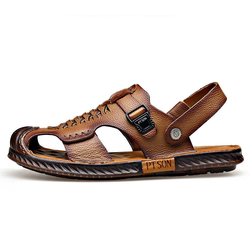 PT'SON Top Grain Cow Leather Outdoor Casual Beach Sandals Men's Yellow