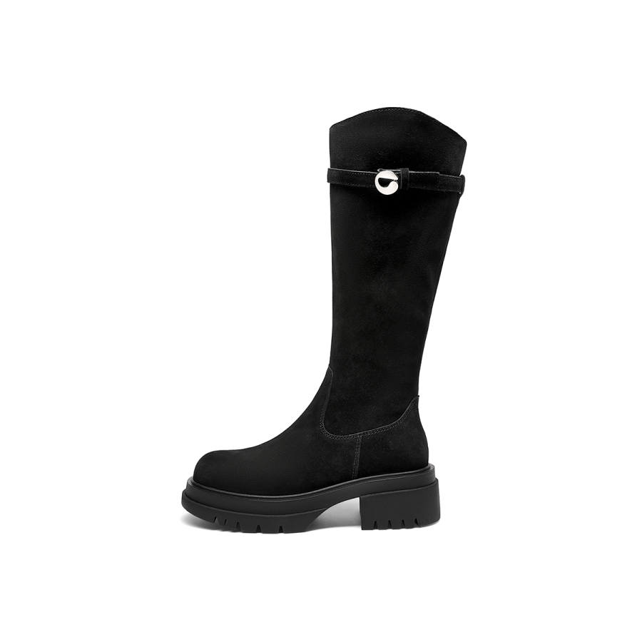 GOLDLION Cow Split Leather Knee high Boots Women's Black