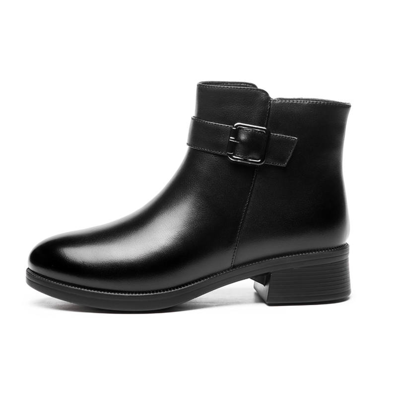 AOKANG Cow Leather Fleece Lined Thermal Comfortable Versatile Everyday Ankle Boots 3.7CM Chunky Heel Women's Black