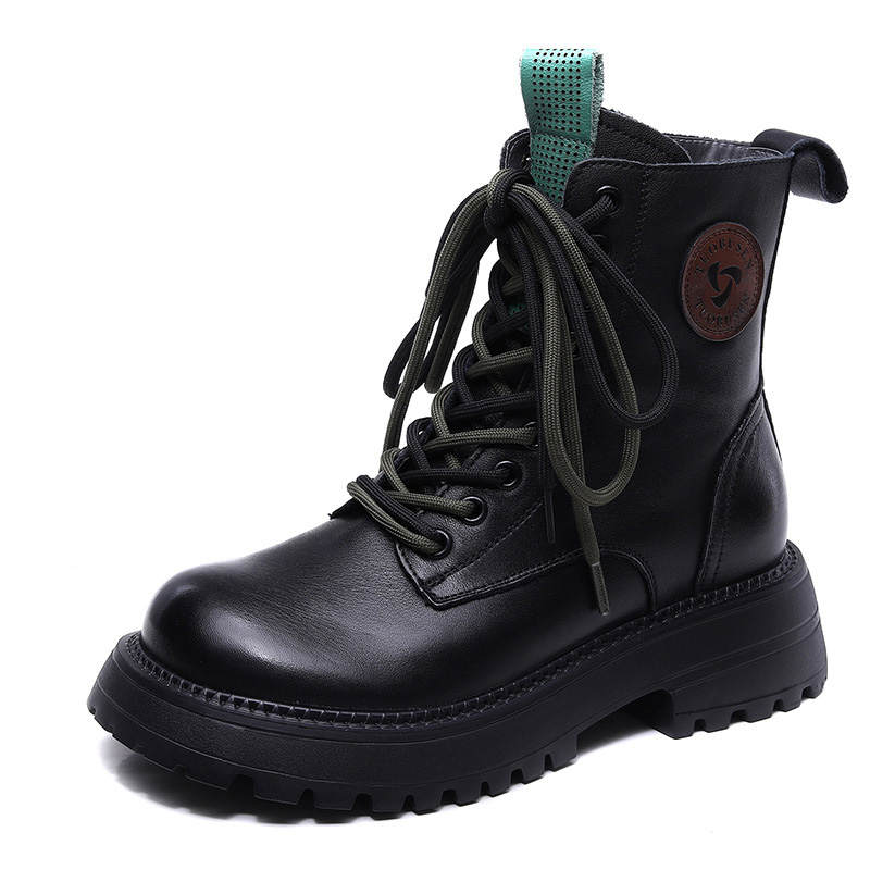 Devanro Devanro Top Grain Cow Leather Short Mid Calf Combat Boots 4.5cm Women's