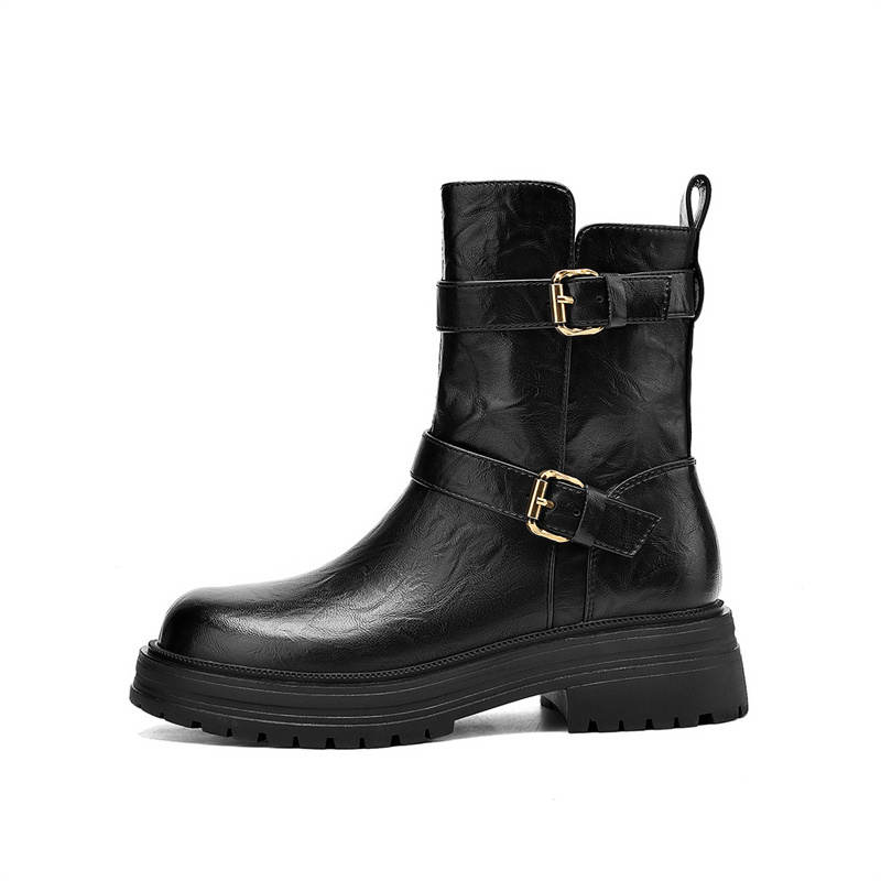 JOSINY Vintage Fashion Versatile, Western Denim, Mid Calf Boots Combat Boots Heel Height 4.5cm Women's Black