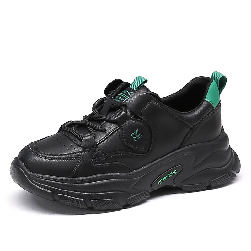Spider King Cow Split Leather Slip Resistant Low top Chunky Sneakers Women's Black