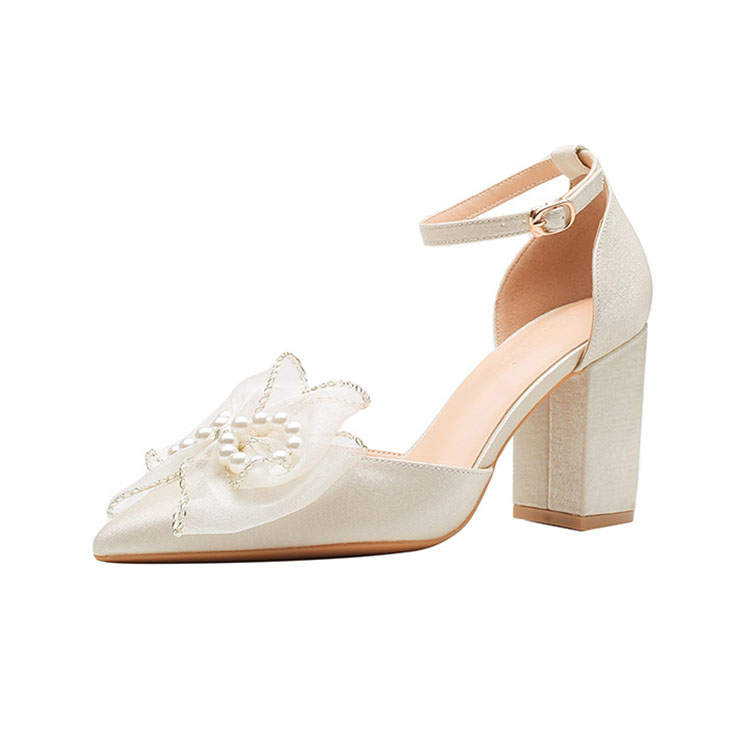 BIGTREE Silk Chunky Heel High Heels Women's Apricot