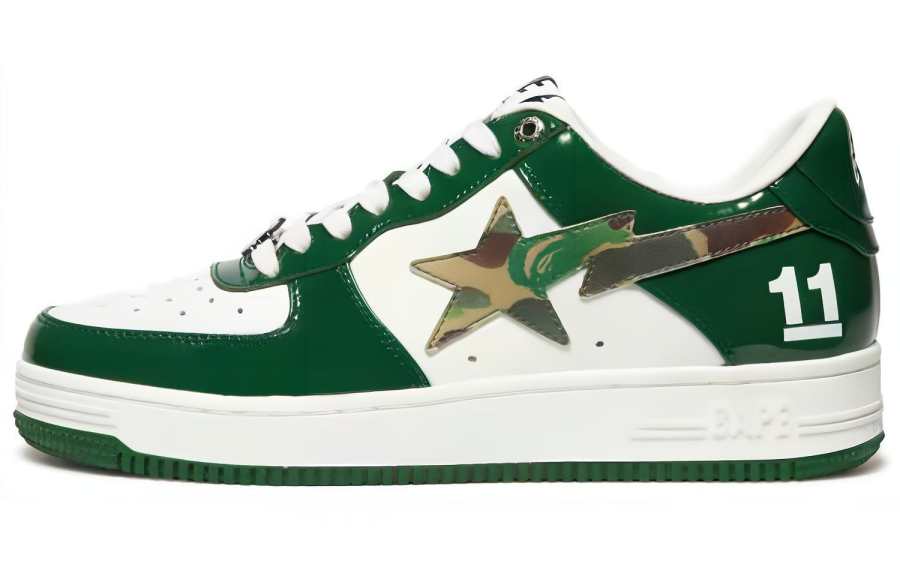 A BATHING APE BAPE STA Patent Leather, Leather Low top Stylish Skateboarding Shoes Men's White Green