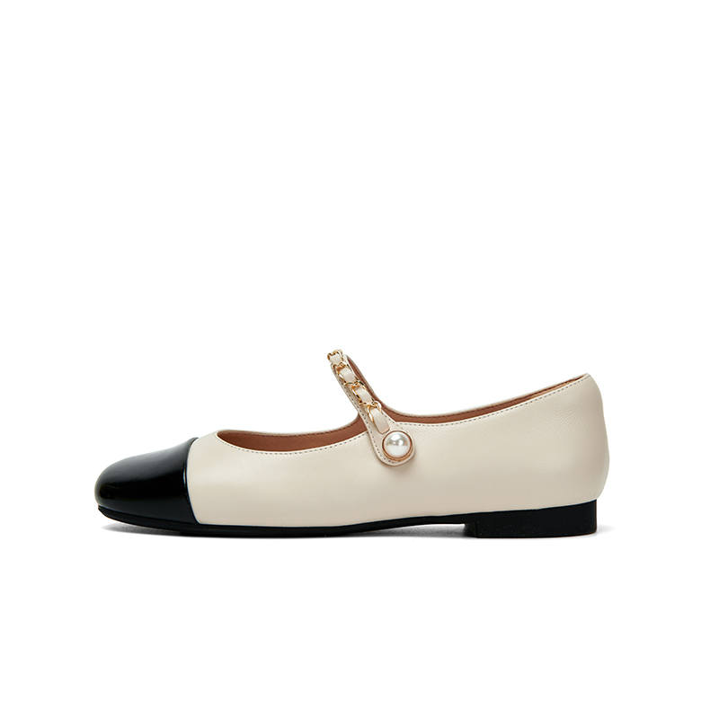PT'SON Sheepskin Flat Mary Jane Shoes Women's Ecru