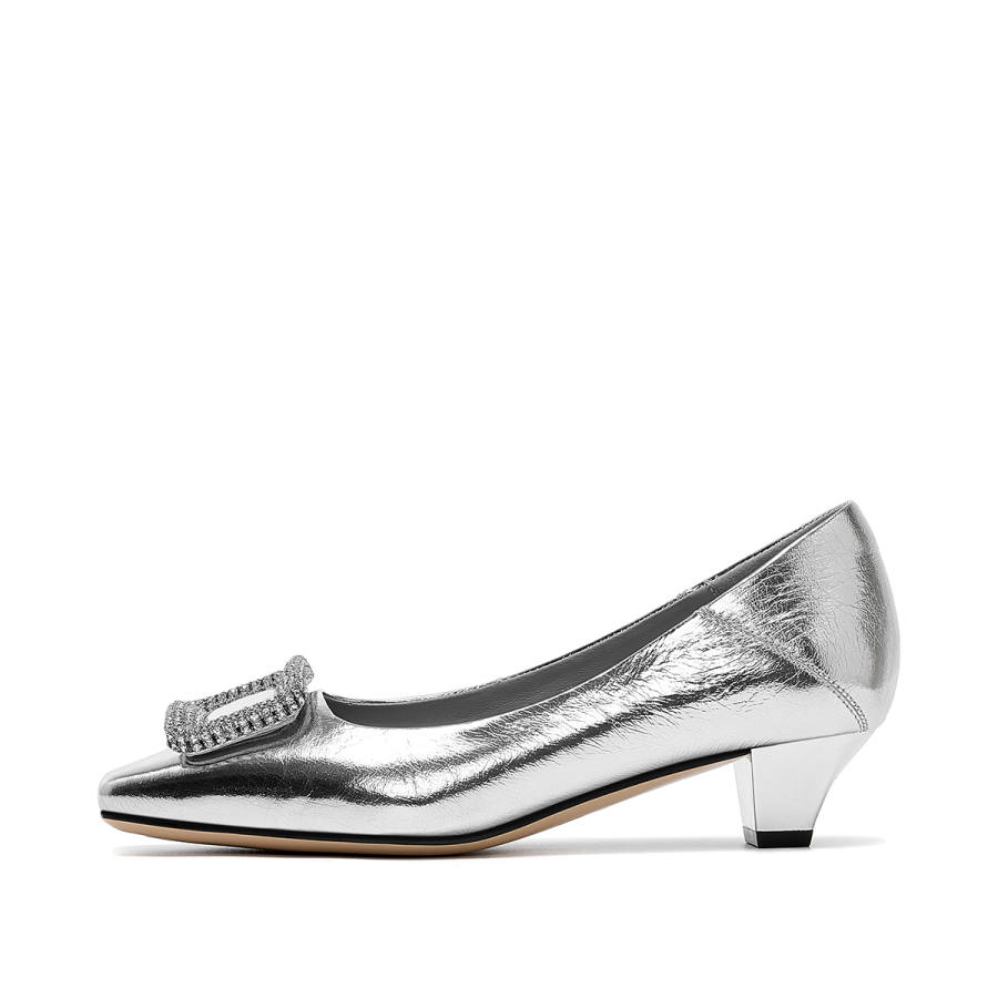 ELLE Cow Leather Chunky Heel High Heels 3.5cm Women's Silver