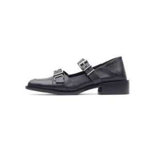 Asthershop Top Grain Cow Leather Mary Jane Shoes Women's Black