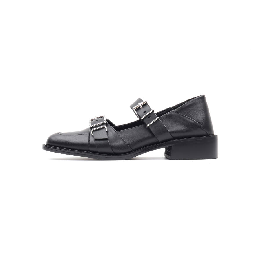 Asthershop Top Grain Cow Leather Mary Jane Shoes Women's Black
