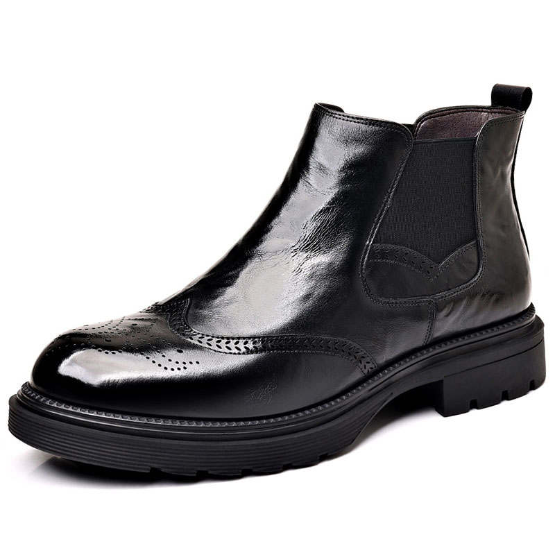 KAQIAODI Cow Leather Brogue Brogues, Fleece Lined, British Fashion Ankle Length Chelsea Boots Men's Black