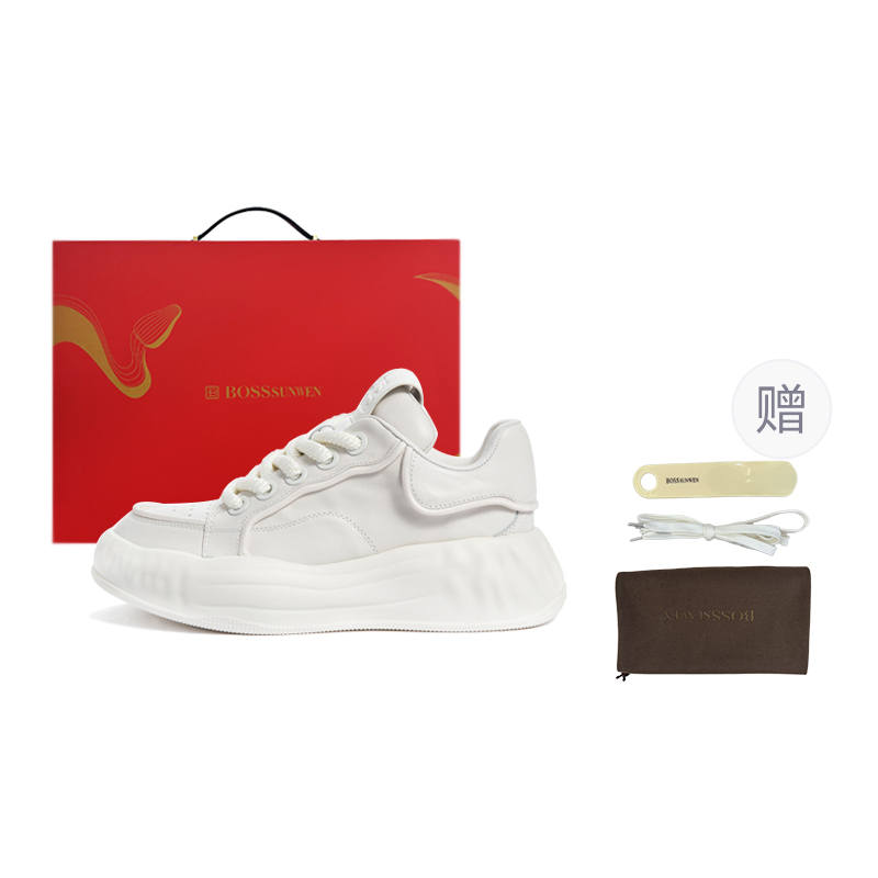 BOSSSUNWEN Whirlwind Ice Cream Top Grain Cow Leather Stylish Skateboarding Shoes Men's White