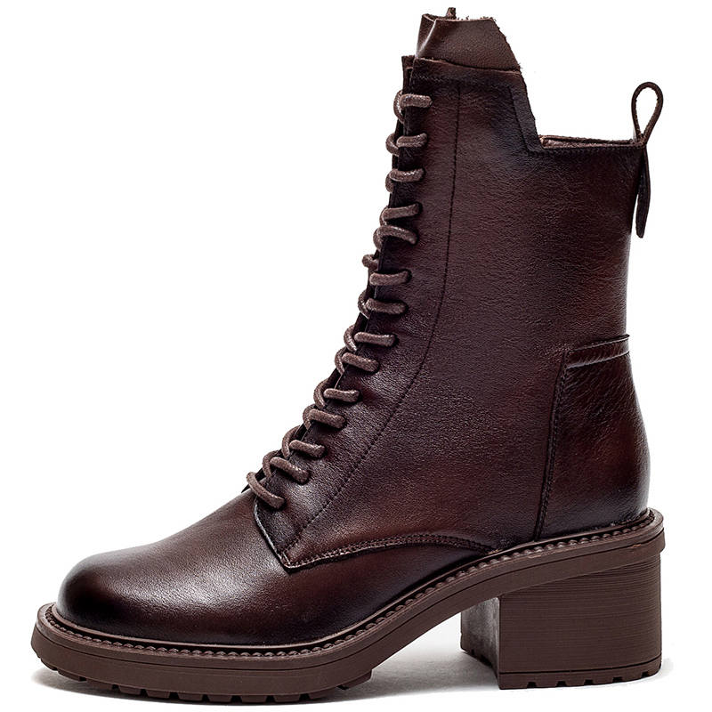MATA Top Grain Cow Leather Crew Combat Boots 6cm Women's