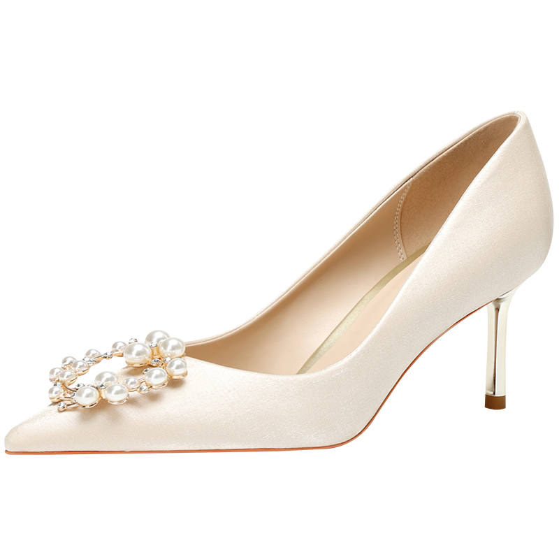 LANMOU Fabric Slim Heel High Heels 6.5cm Women's Champagne
