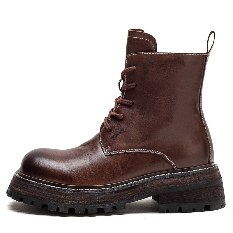 MATA Top Grain Cow Leather Short Combat Boots 5cm Women's