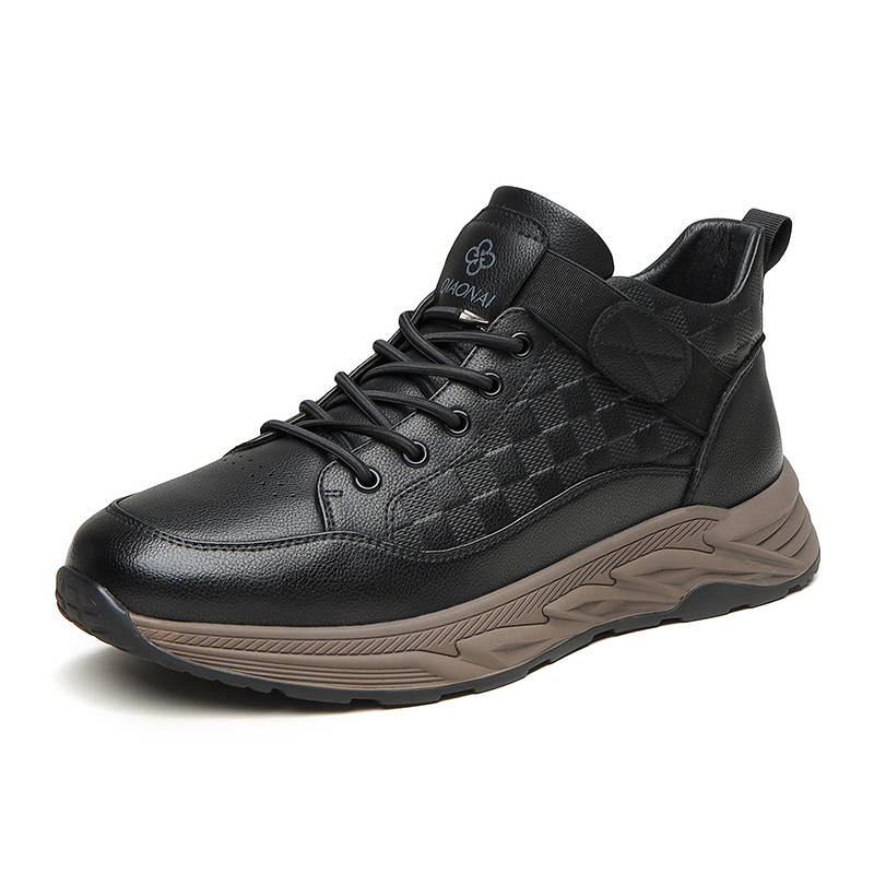 QIAONAI Cow Split Leather Trendy Versatile, Fleece Lined Thermal Casual Shoes Men's Black