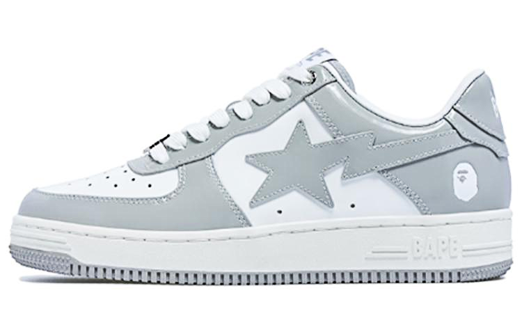 A BATHING APE Patent Leather Lace Up Abrasion Resistant Low top Skateboard Shoes Women's Gray White