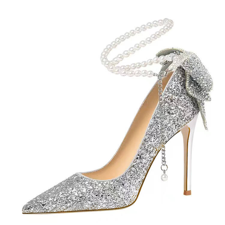 TAOLEI French Elegant Crystal Bride Maid Of Honor Bowknot Pearl Chain Artificial Leather Slim Heel High Heels Women's