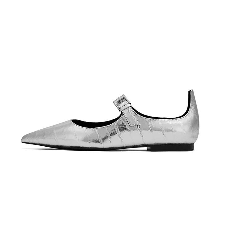 CINDY C ERIC Cow Leather Flat Mary Jane Shoes 1CM Women's Silver