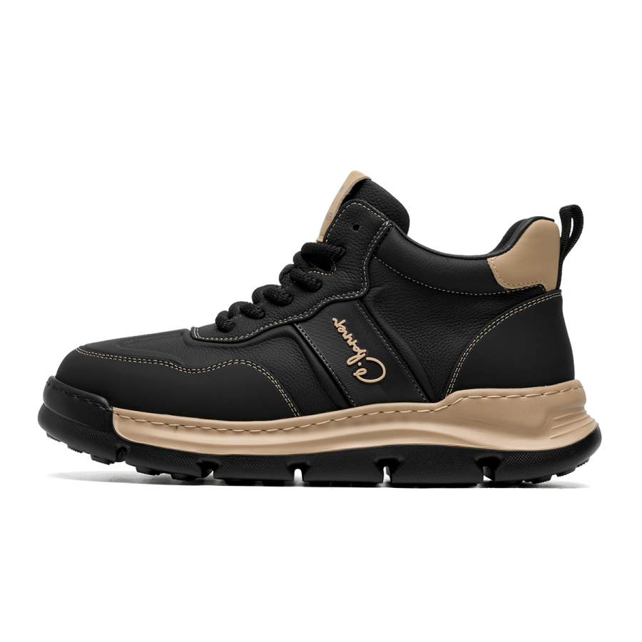 C°BANNER Cow Leather Thermal Fleece Lined Platform Height Increasing Mid top Skateboard Shoes Men's Black