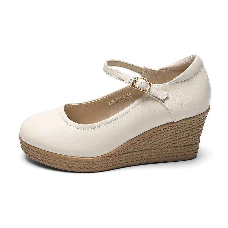 ZHR Top Grain Cow Leather Wedge Heel High Heels 7cm Women's