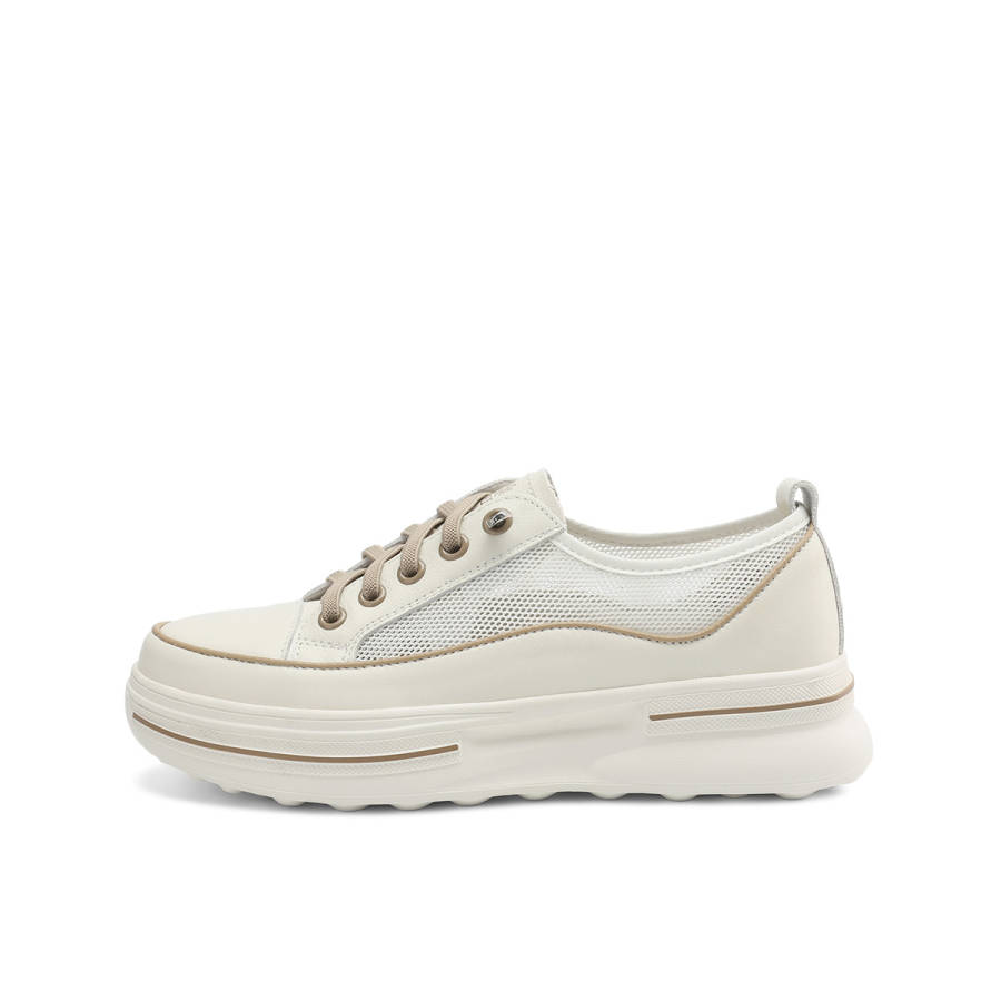 BOERDIQI Top Grain Cow Leather Breathable Lightweight Height Increasing Low top Casual Shoes Women's Beige Khaki