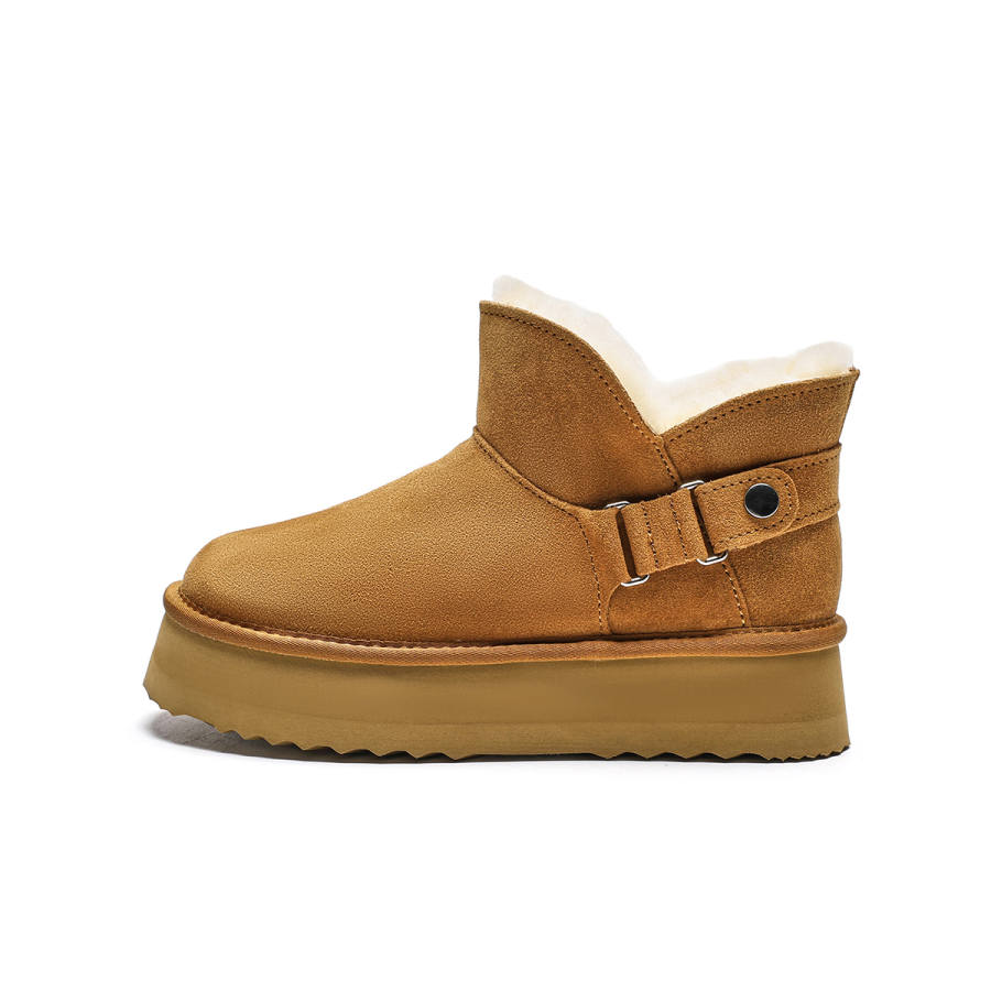 EBLAN Thermal Slip Resistant Leather Buckles, Fleece Lined, Thermal Ankle Length Snow Boots Women's Chestnut
