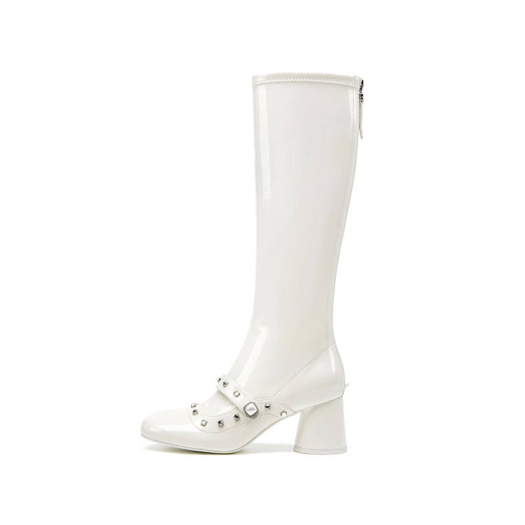 SHOESZOOO Below Knee Stretch Knight Boots Cow Leather Knee high Boots 6.5cm Women's Moon White