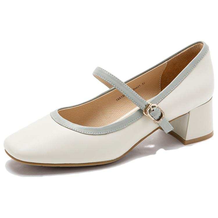 Satchi Sheepskin Block Heel Mary Jane Shoes 4.5cm Women's Ecru