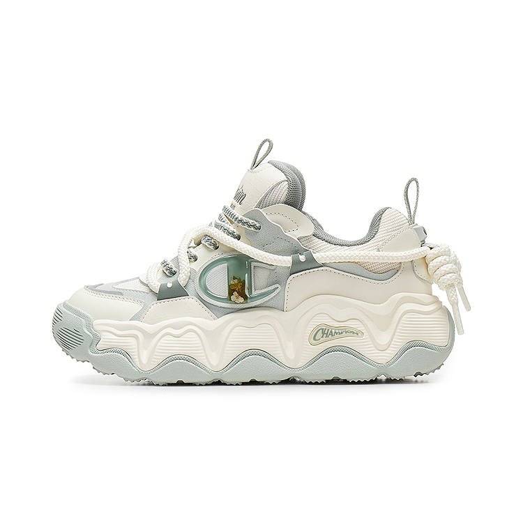 Champion Champ Lava Cake Synthetic Leather, Textile Low top Casual Shoes Women's Milk White/Stream Joy Green