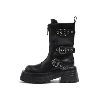 MIS. DANNY Cow Split Leather Short Combat Boots 7.5cm Women's