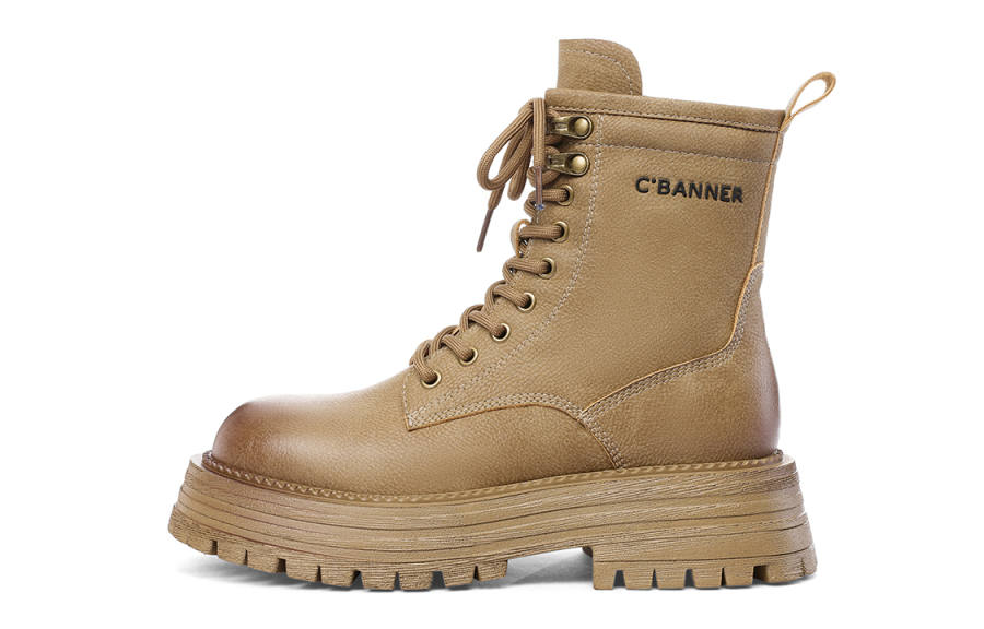 C°BANNER Leather Short Combat Boots Women's Khaki