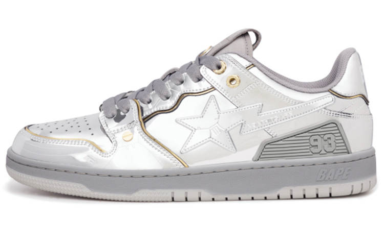 A BATHING APE x HajimeSorayama SK8 STA Leather Low top Stylish Skateboarding Shoes Men's Metallic Silver Distressed
