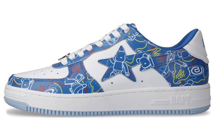 A BATHING APE Medicom Toy x A BATHING APE STA Leather Stylish Skateboarding Shoes Unisex Blue Camouflage