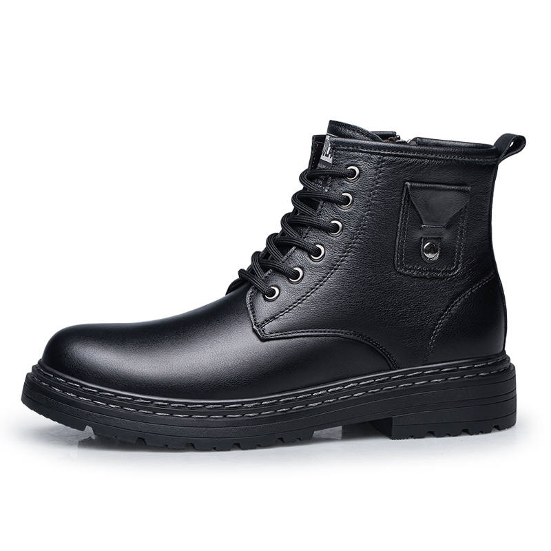 YINGLUNQISHI Top Grain Cow Leather Short Combat Boots Men's Black