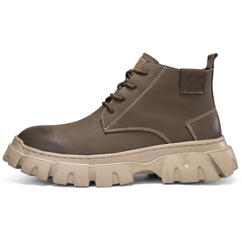 YINGLUNQISHI Top Grain Cow Leather Short Combat Boots Men's Khaki