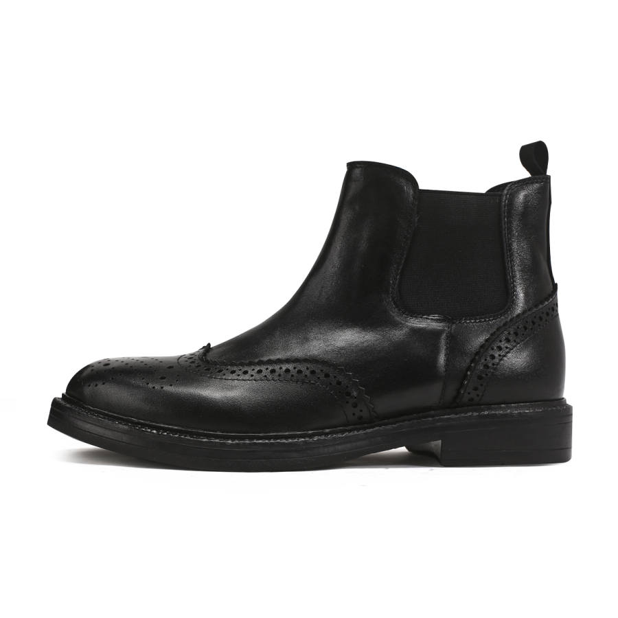 Voguhomme Top Grain Cow Leather Short Chelsea Boots Low Heel Men's Black
