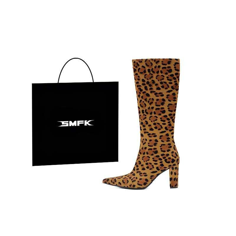 SMFK Cow Leather Knee high Boots Women's Original Leopard Print
