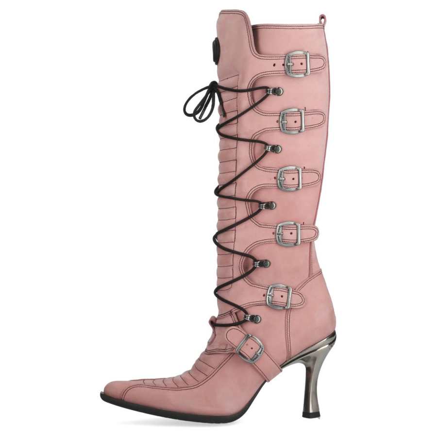 NEW ROCK Top Grain Cow Leather Knee high Boots 10cm Women's Pink