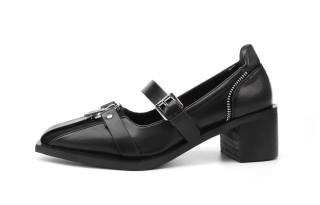 EstherShop Microfiber Leather Chunky Heel Mary Jane Shoes Women's