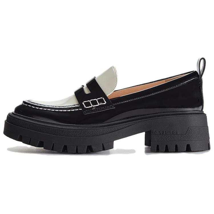 Le Saunda Top Grain Cow Leather Loafers Women's Black+Ecru