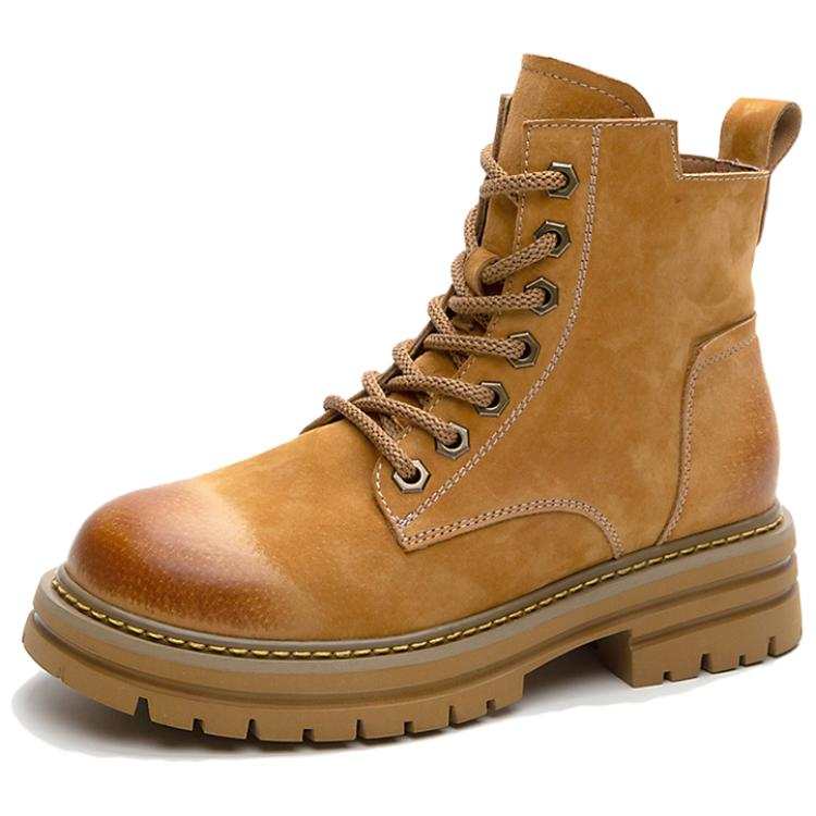 ACEMICKY Top Grain Pig Leather Short Combat Boots Women's Yellow